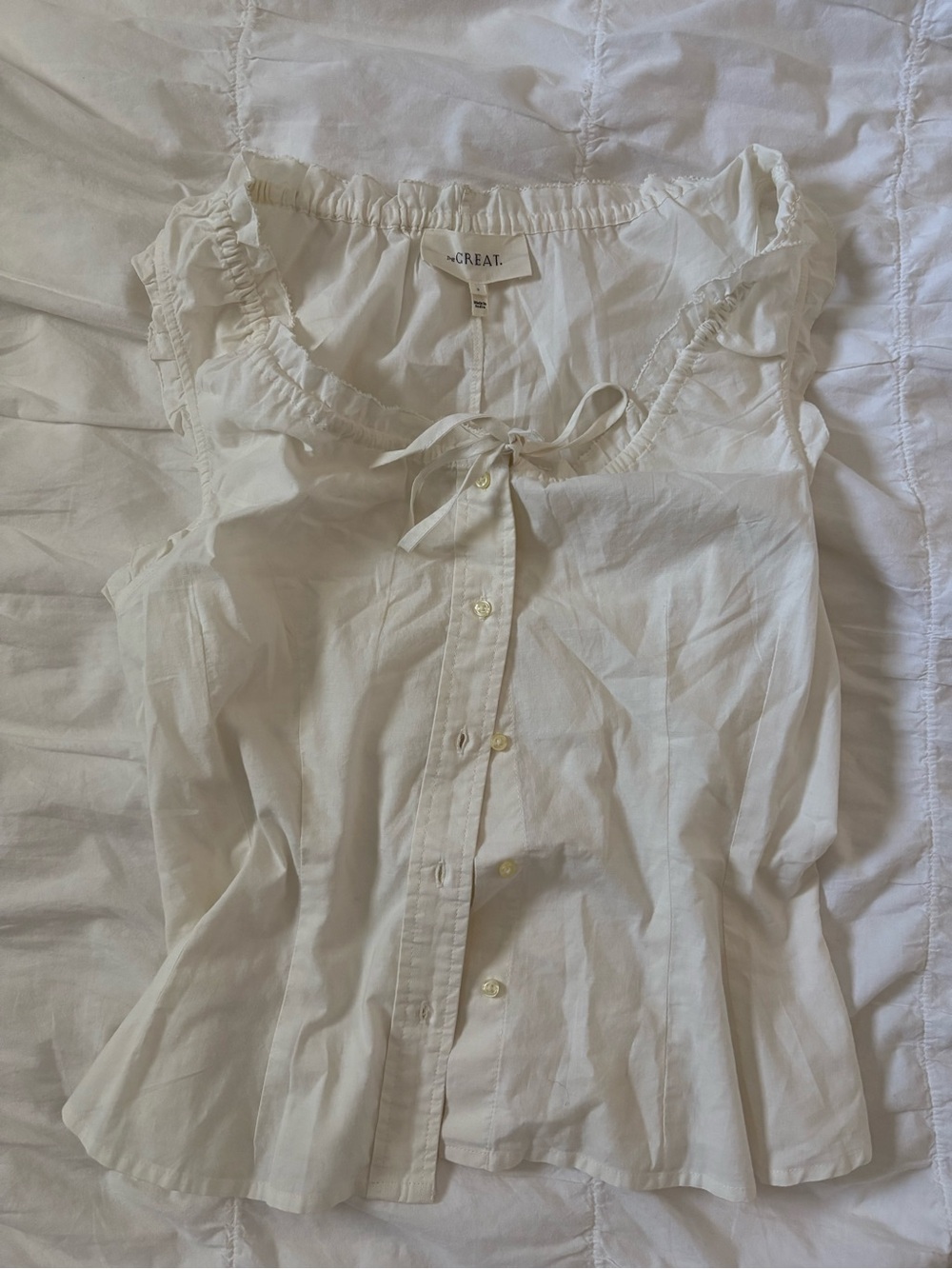 THE GREAT White Ruffle Sleeve Button-Front Blouse Doen vibes